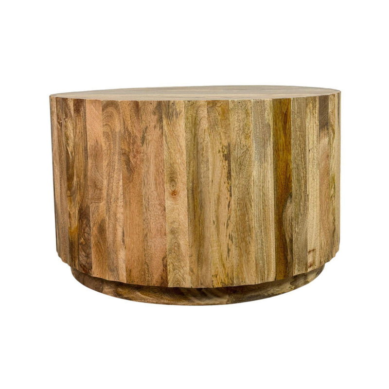 Round natural solid-wood drum coffee table with thick top and barrel-style sides