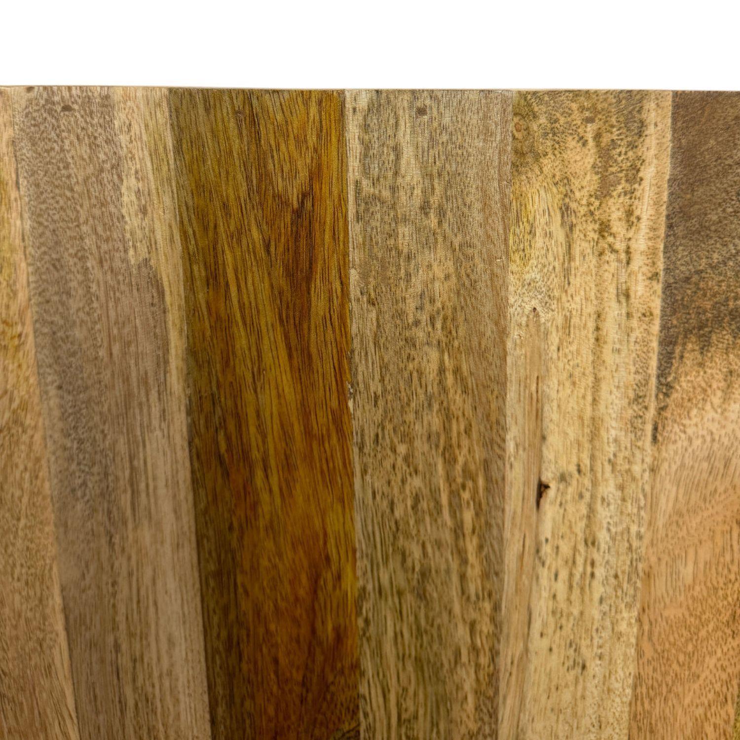 Close-up of natural wood grain on round solid-wood drum coffee table side panels