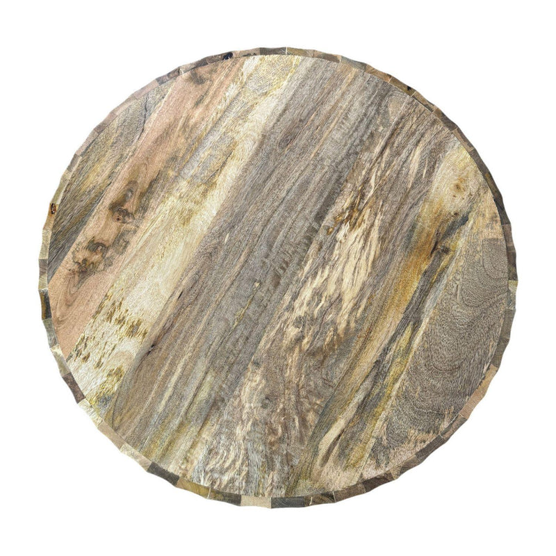 Top view of round natural solid-wood drum coffee table with weathered plank texture
