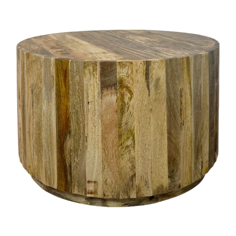 Round natural solid-wood drum coffee table with curved base and vertical plank detail