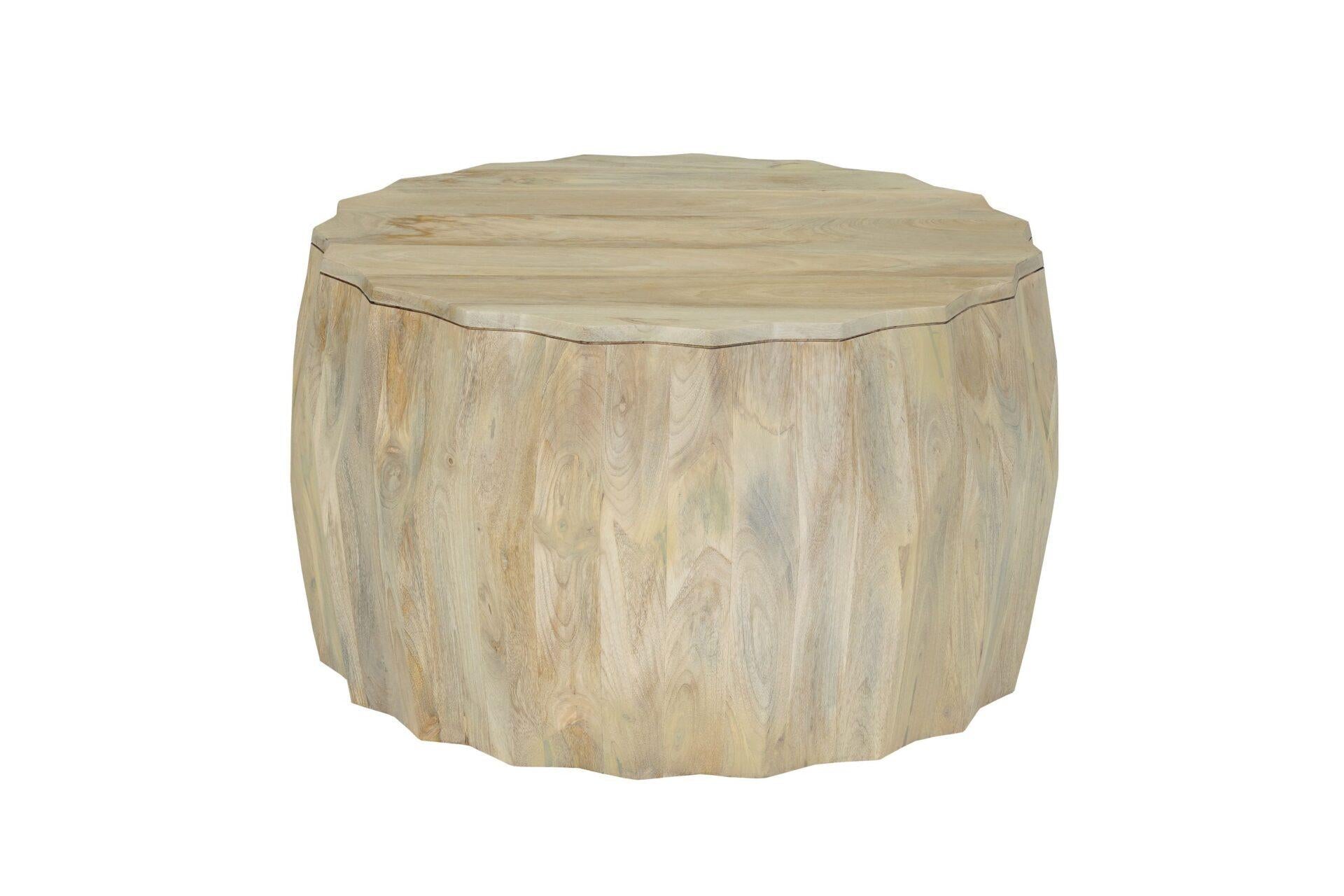 Natural round solid wood drum coffee table with tapered edges, light grain pattern