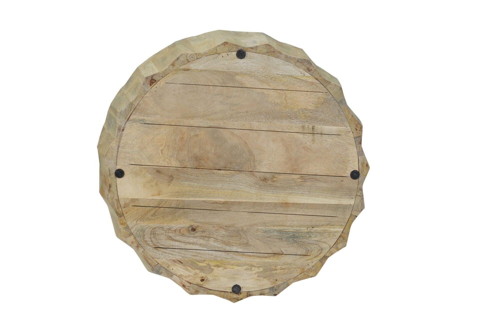 Round underside of natural wood drum coffee table with metal bolts and grain