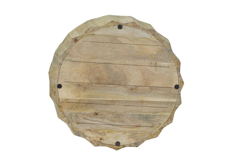 Round underside of natural wood drum coffee table with metal bolts and grain