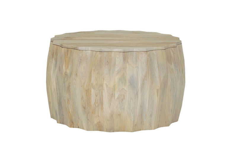 Natural round wood drum coffee table with flat top and light swirling grain