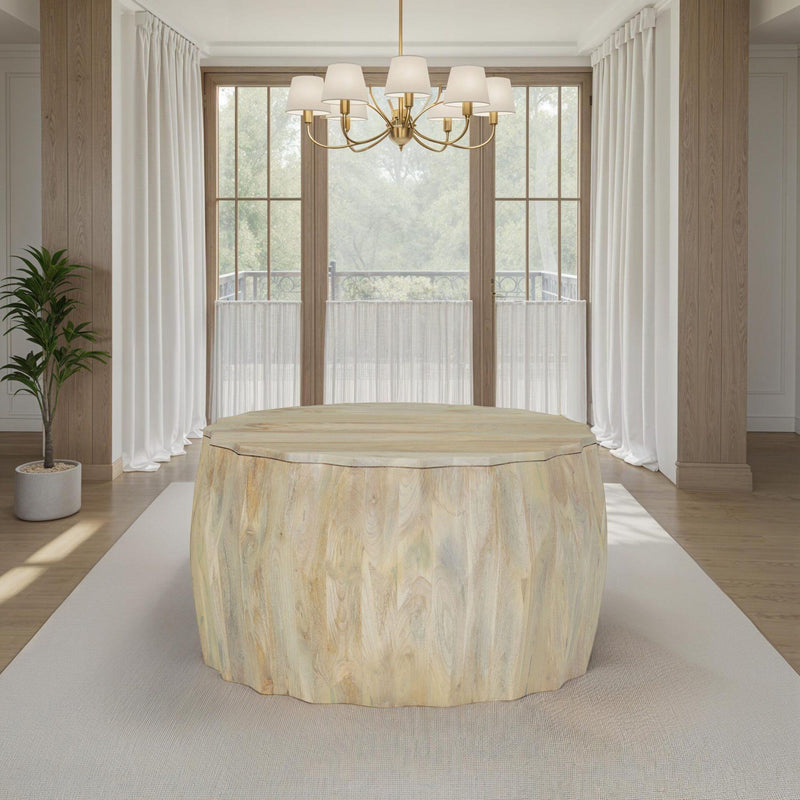 Round natural wood drum coffee table with hexagonal side profile