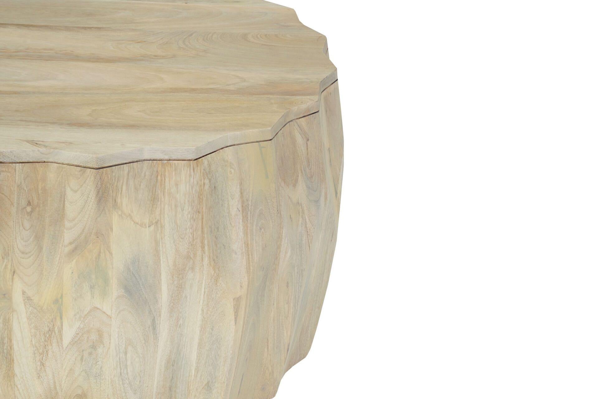 Natural wood drum coffee table side view with visible light grain and seam line