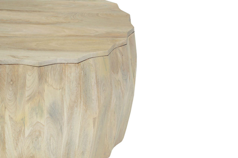 Natural wood drum coffee table side view with visible light grain and seam line