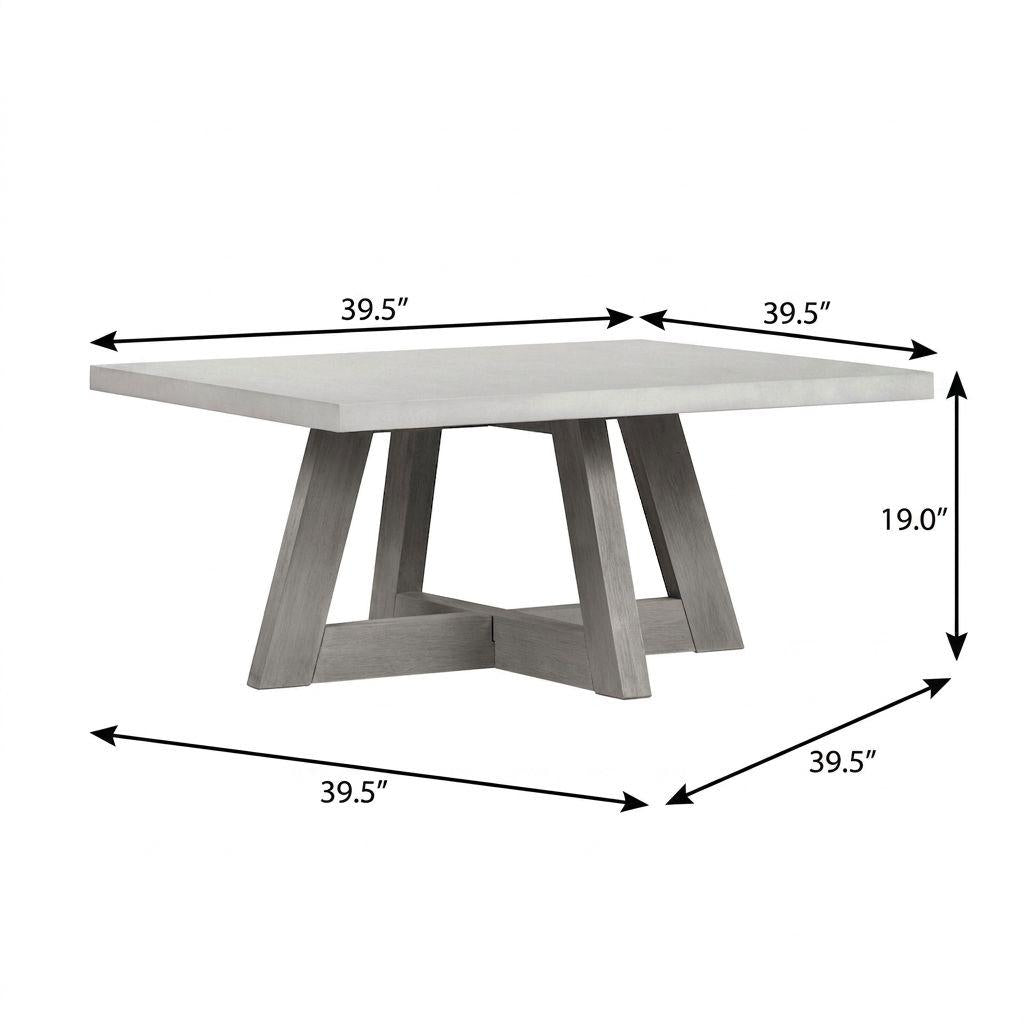 Gray concrete coffee table with solid wood trestle legs, rectangular top
