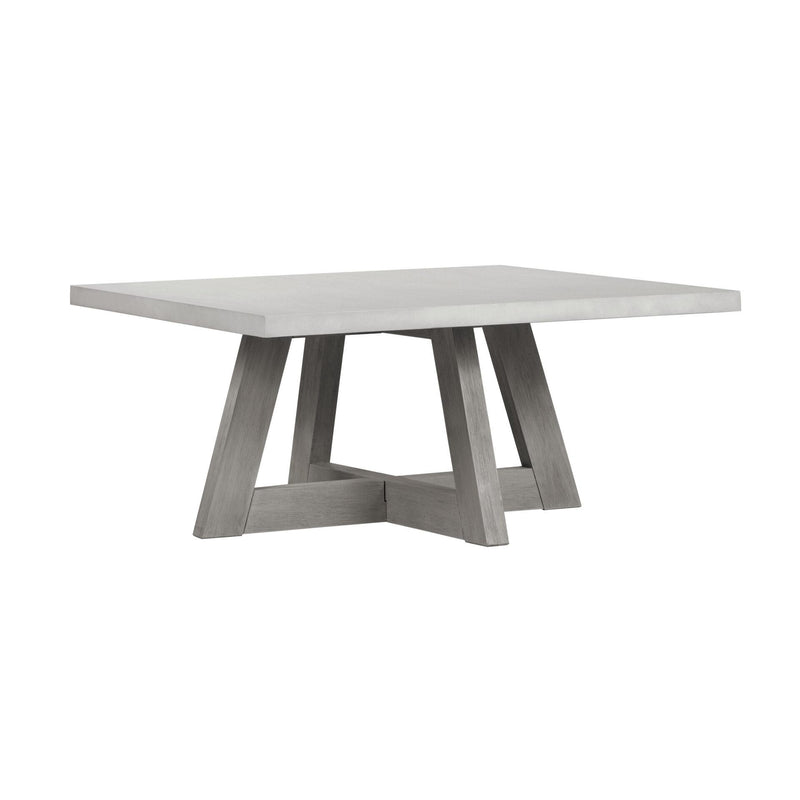 Gray concrete rectangular coffee table with solid wood trestle base