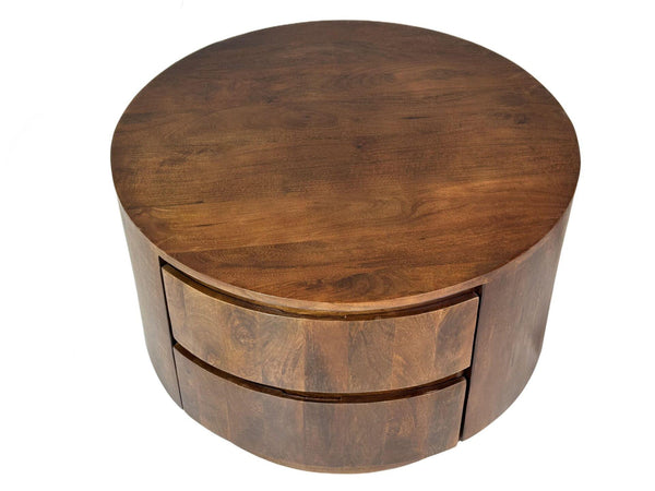 Round chestnut wood coffee table with two drawers, drum-style design and curved top
