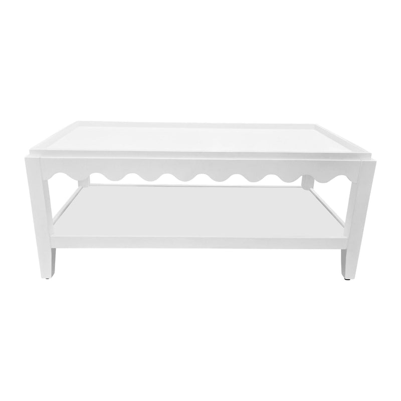 White solid wood coffee table with scalloped trim apron and square tabletop