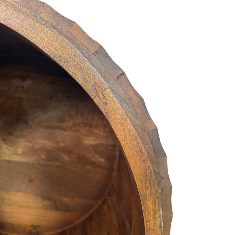 Chestnut wood coffee table side profile close-up showing curved cut and grain