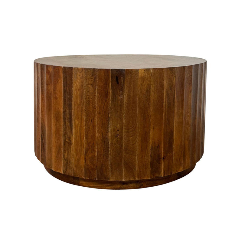 Chestnut round wood coffee table with smooth curved sides and flat top