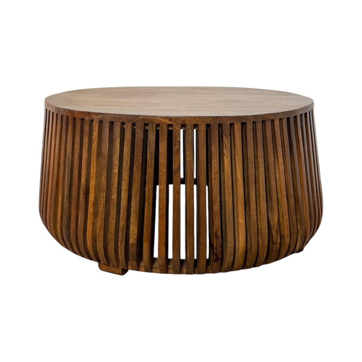 Chestnut round drum coffee table with fluted slatted sides and smooth circular top
