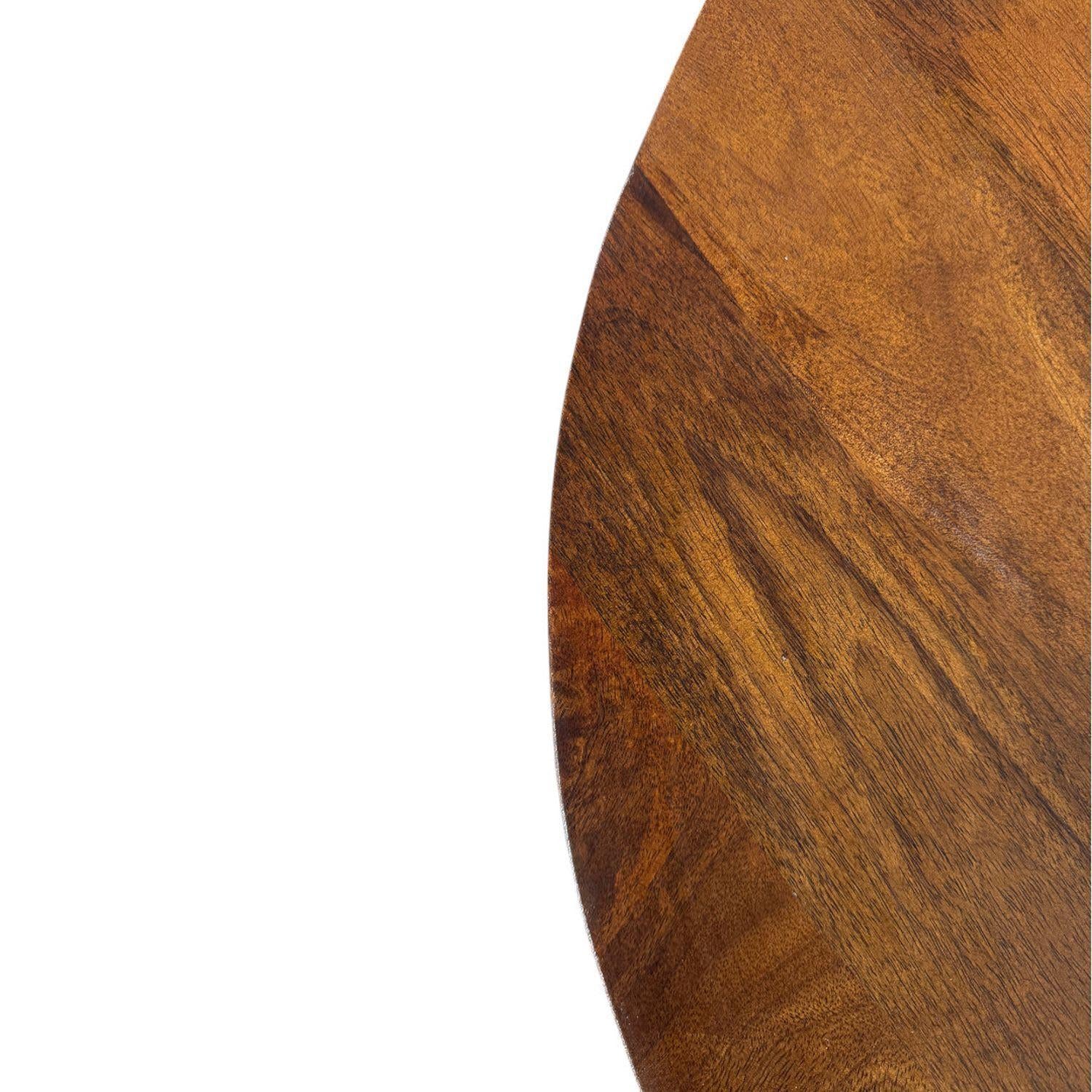 Chestnut round tabletop close-up with natural wood grain and warm finish