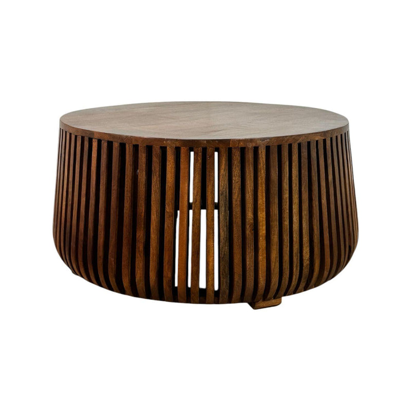 Chestnut round solid wood drum coffee table with vertical slatted sides and flat top