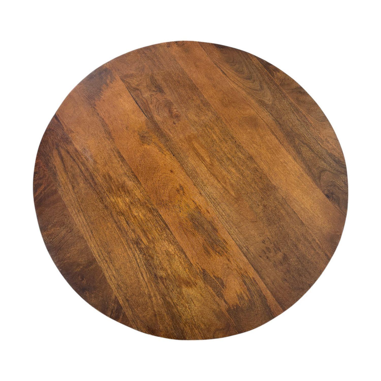 Chestnut round tabletop with rich wood grain and distinctive linear pattern