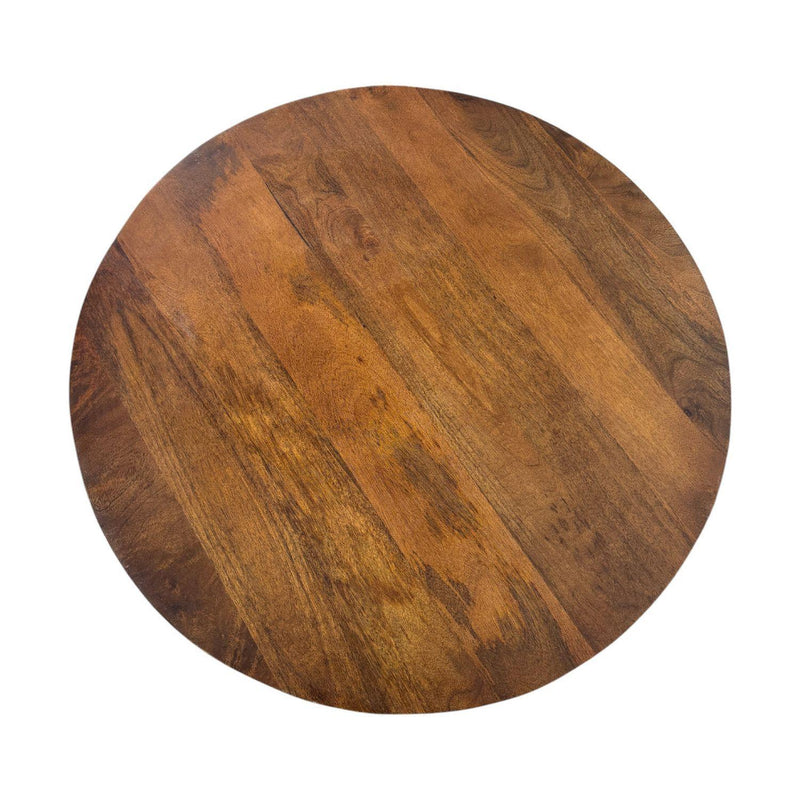 Chestnut round tabletop with rich wood grain and distinctive linear pattern