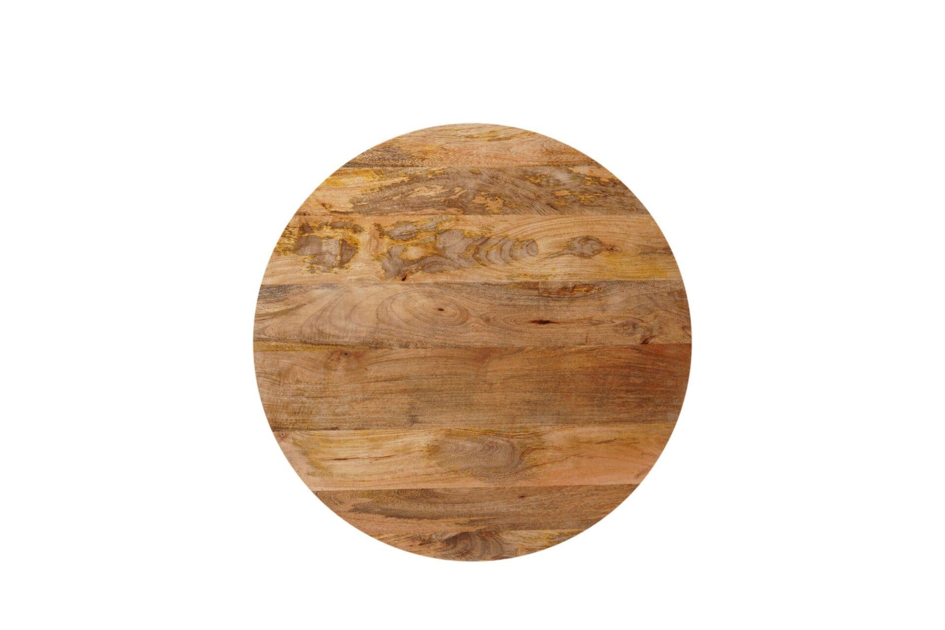 Round natural wood tabletop with smooth circular surface and swirling grain pattern