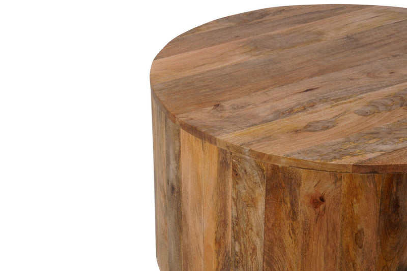 Round natural wood coffee table corner, side panel with rich vertical wood grain