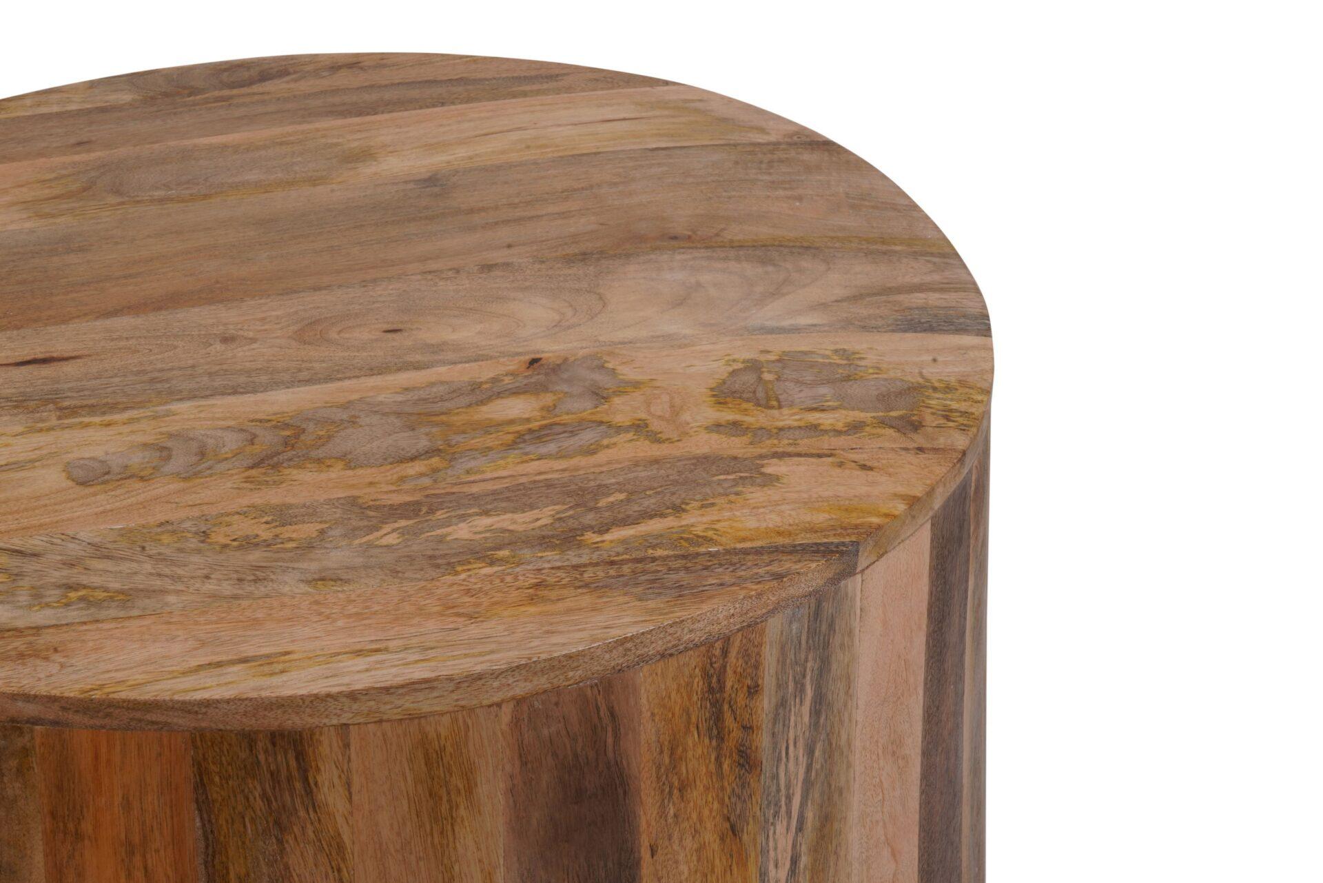 Round natural wood coffee table top close-up with visible knots and swirling grain