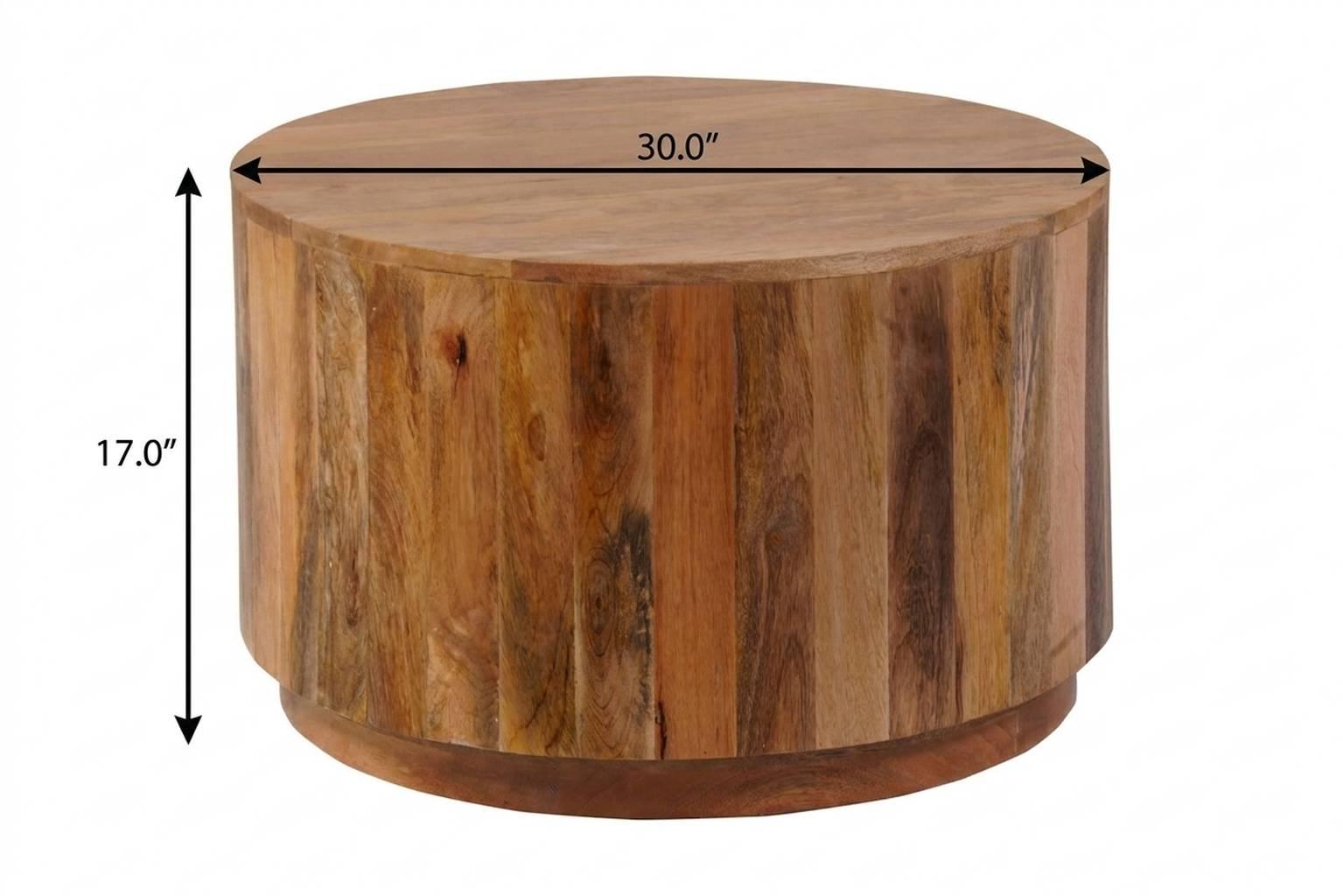 Round natural solid wood coffee table with curved sides and round top