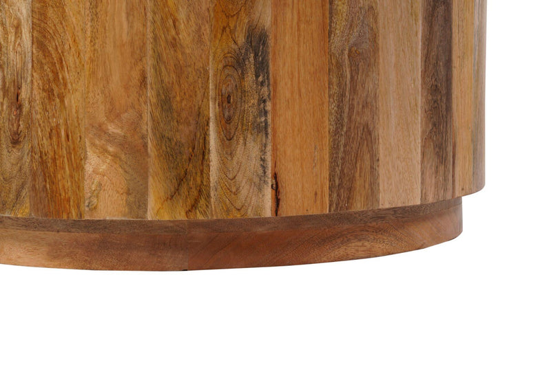 Round wood coffee table edge close-up, natural grain finish and curved apron