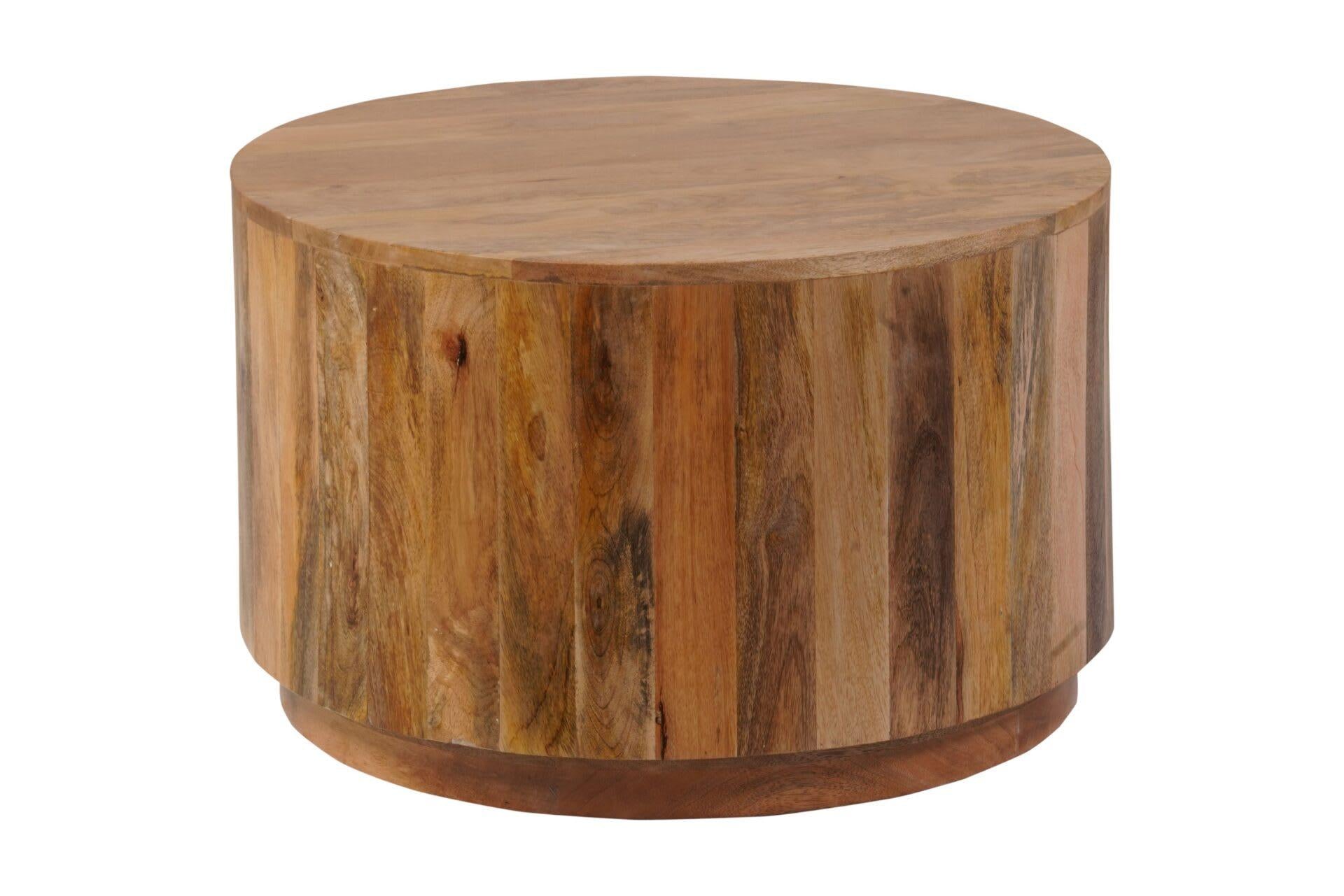 Round solid wood coffee table with natural finish, drum-style round top and base