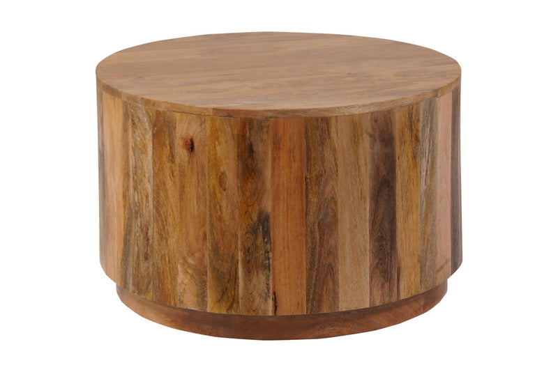 Round solid wood coffee table with natural finish, drum-style round top and base