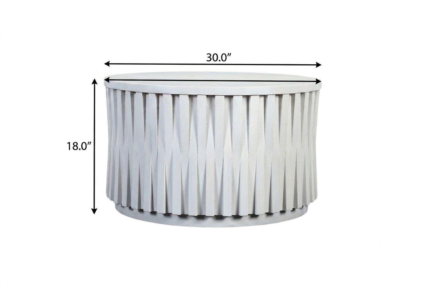 White round wood coffee table, 30 in diameter and 18 in height
