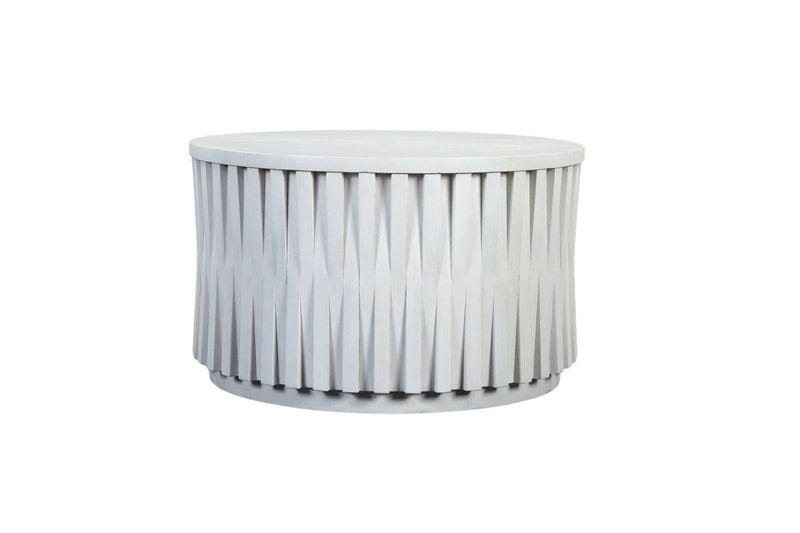 White round drum wood coffee table with vertical ribbed side slats