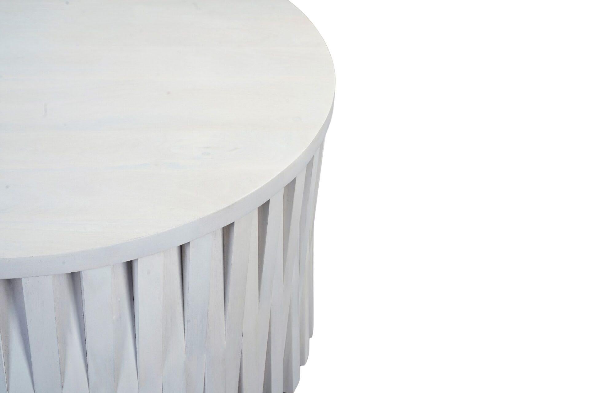 White round wood coffee table edge with vertical slats and smooth top