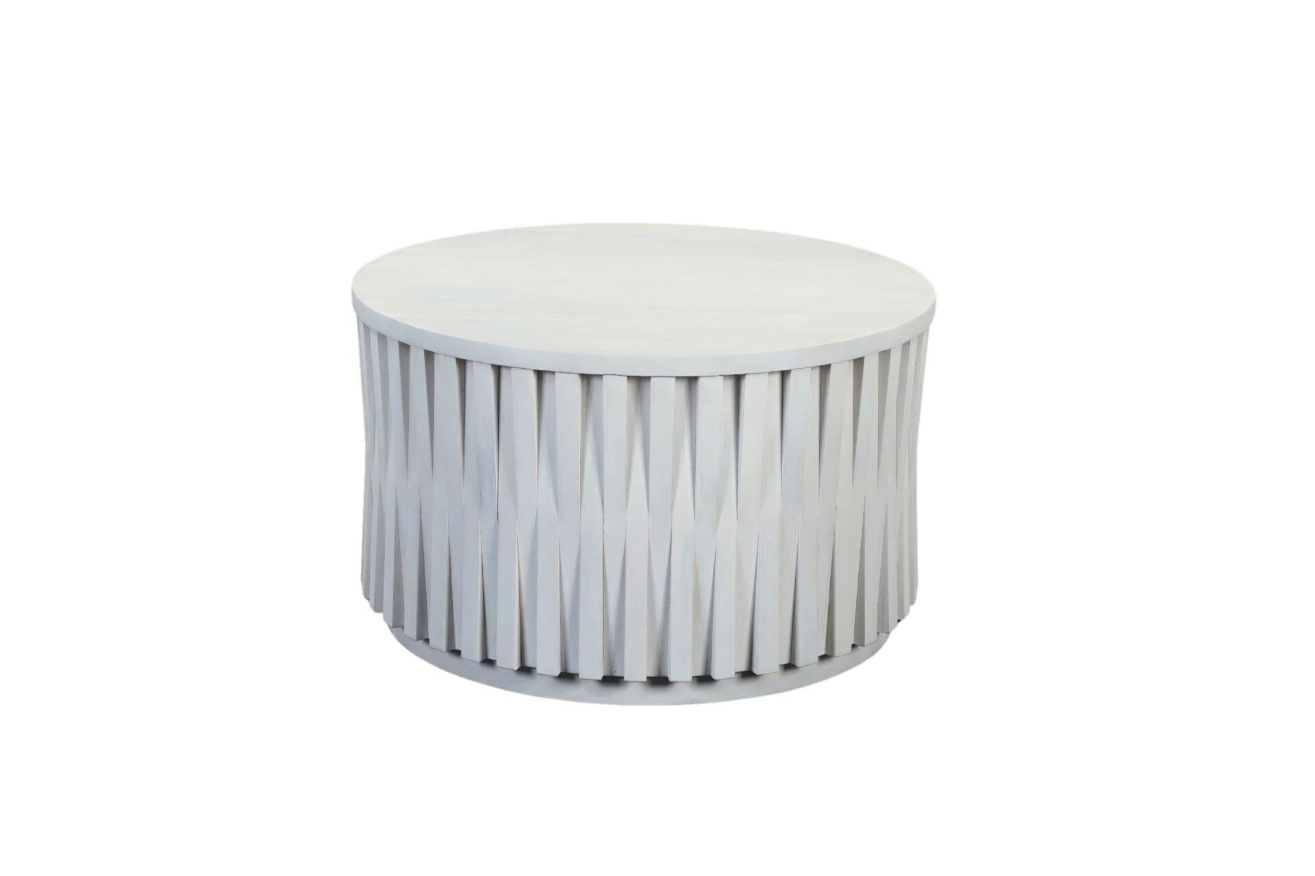 White round drum wood coffee table with ribbed vertical sides