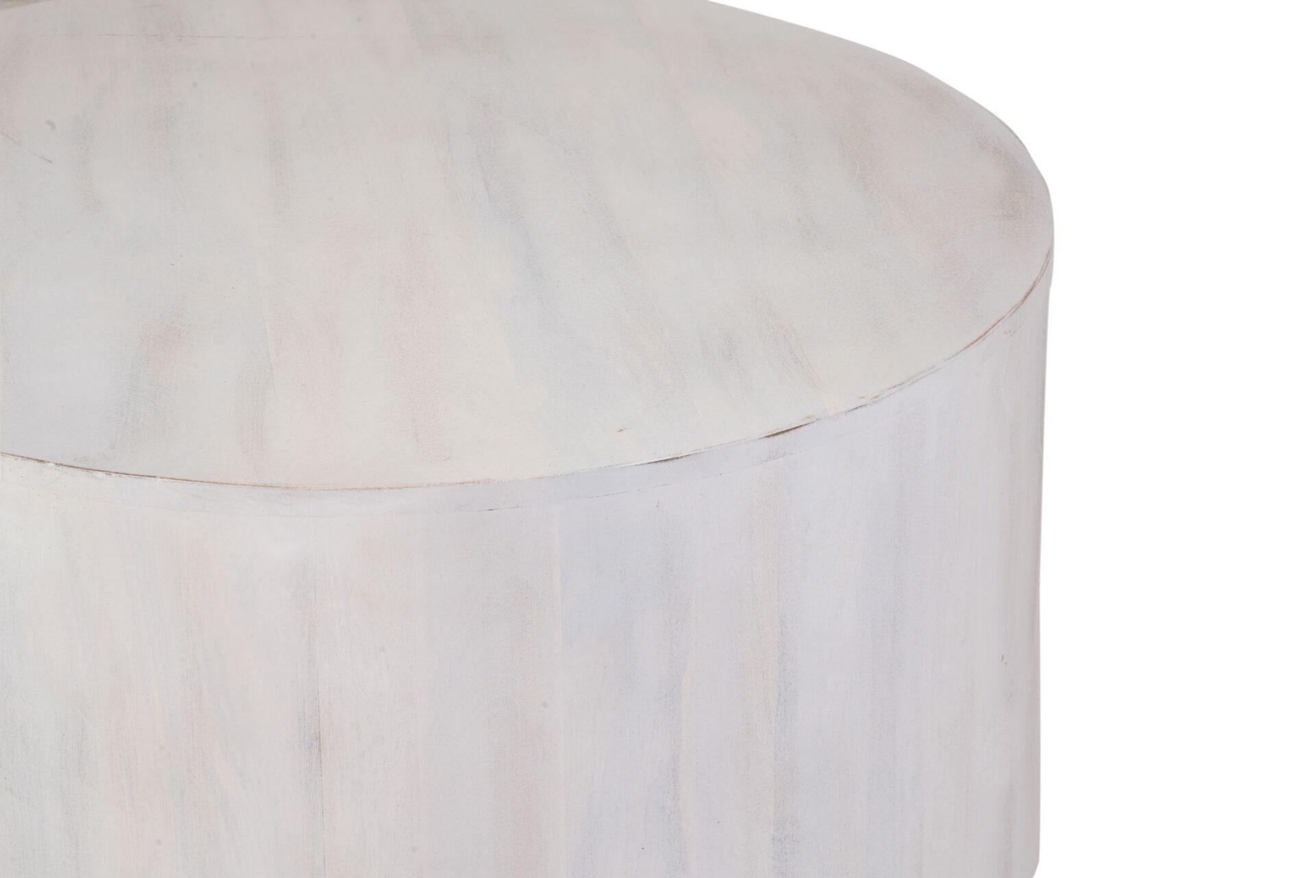 White distressed round drum coffee table with smooth curved side and flat top