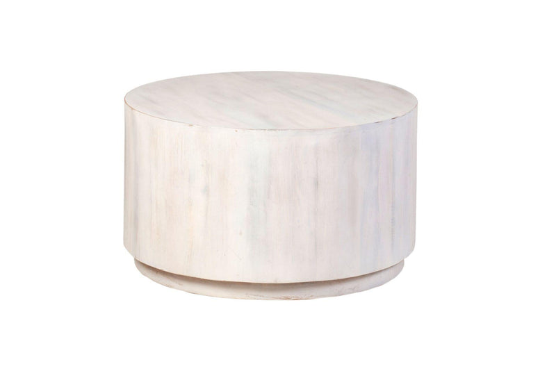 White round drum coffee table with distressed solid wood body and circular top
