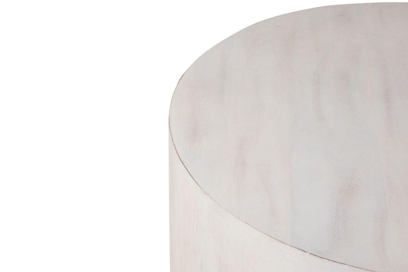 White distressed wood drum coffee table top edge with smooth curved profile