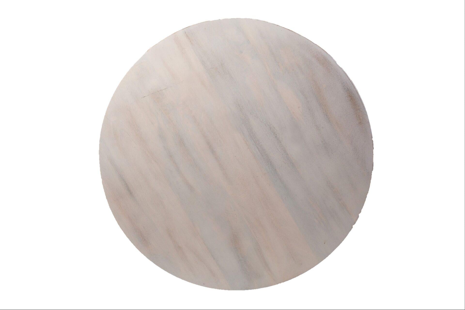 White round drum coffee table top view with distressed wood grain finish