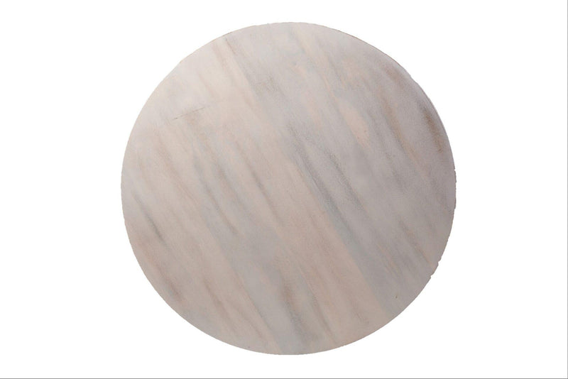 White round drum coffee table top view with distressed wood grain finish