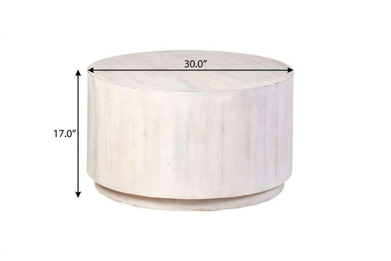 White round drum coffee table, 30-inch wide, solid wood body and curved base