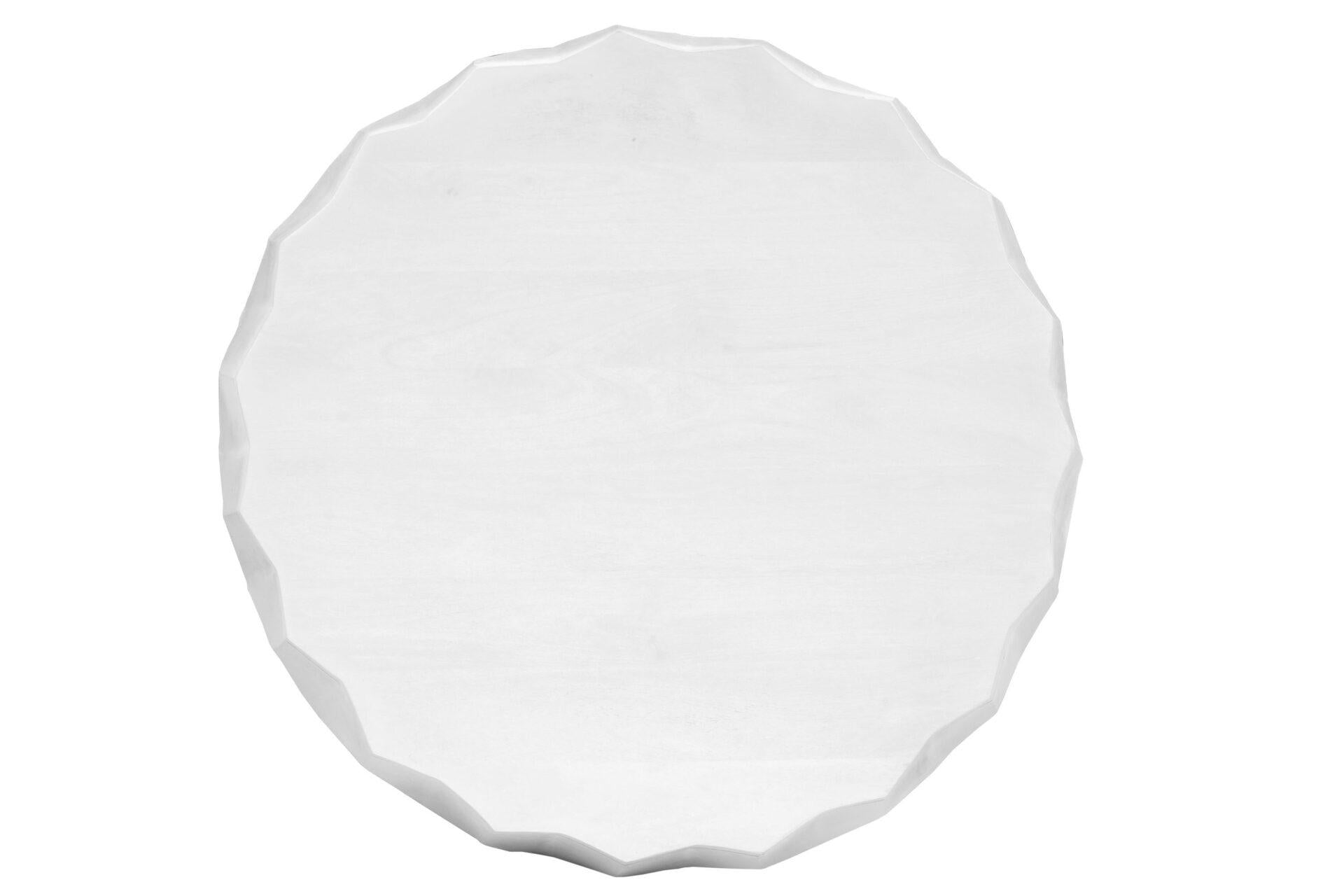 White round drum coffee table top view with faceted texture and distressed finish