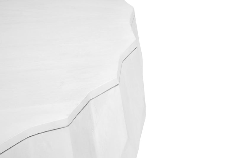 White drum coffee table side with angular distressed panel seams
