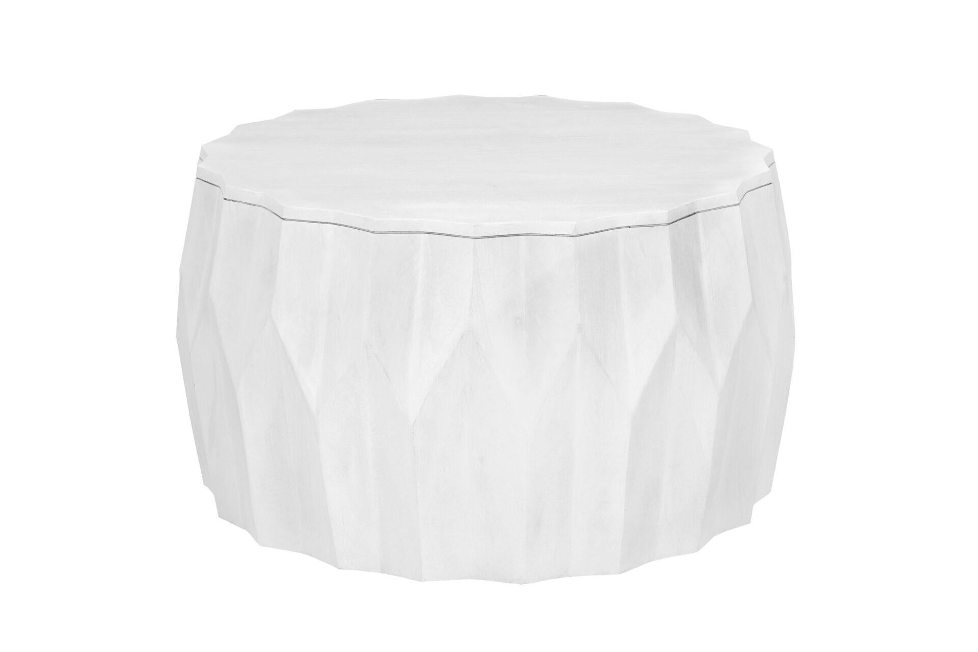 White round drum coffee table with faceted distressed sides