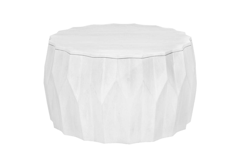 White round drum coffee table with faceted distressed sides