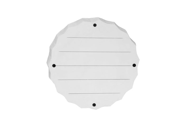 Underside of white round drum coffee table with mounting holes and ridged panels