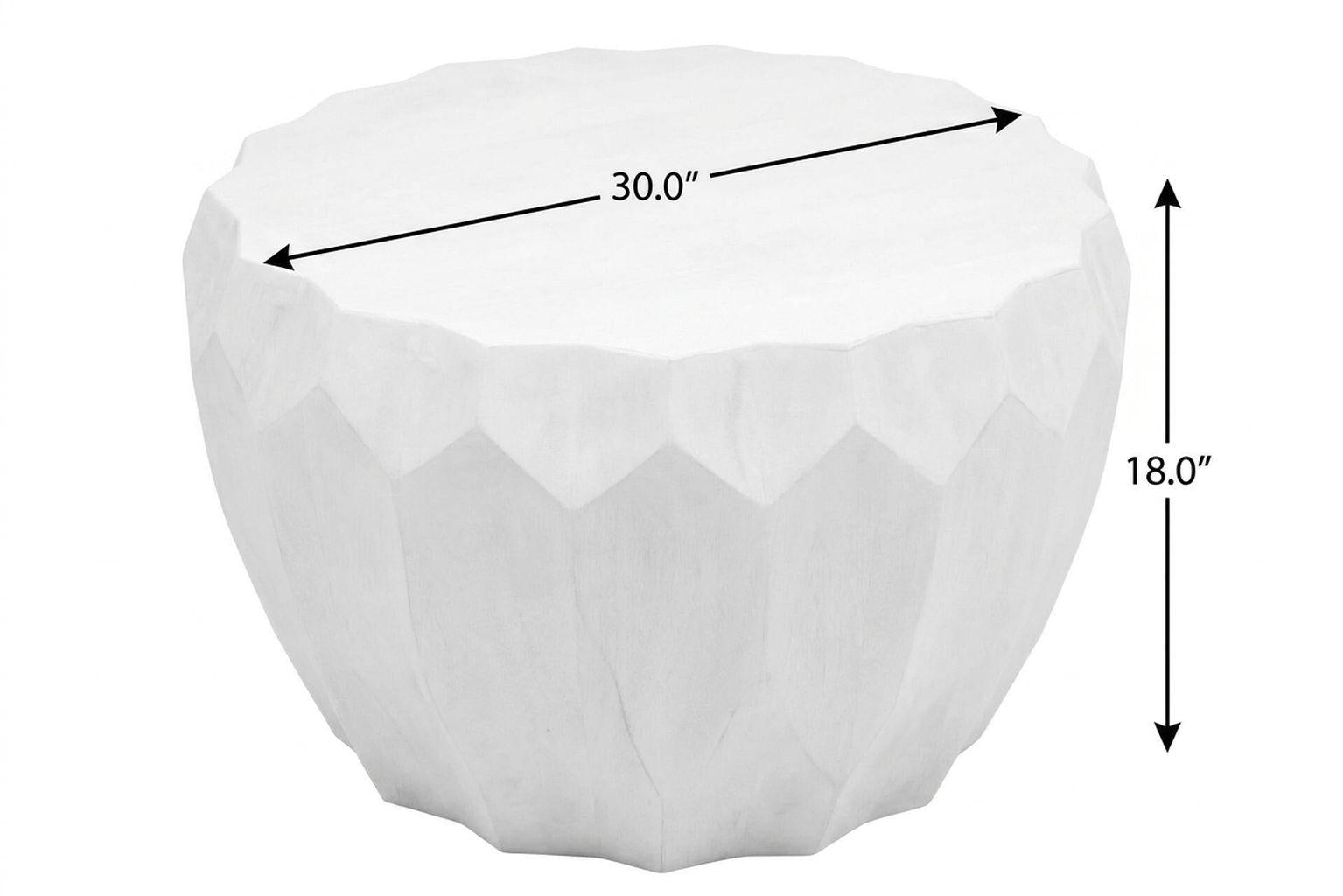 White round drum coffee table: 30 in wide, 18 in high, faceted distressed sides