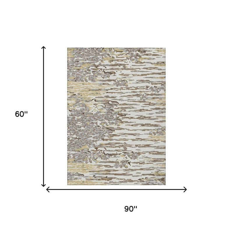 Ivory and silver abstract area rug size 5 ft x 8 ft with distressed pattern