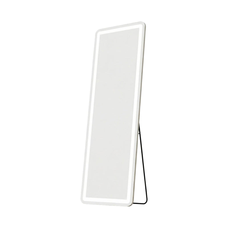 Full-length LED mirror with slim silver frame, leaning display