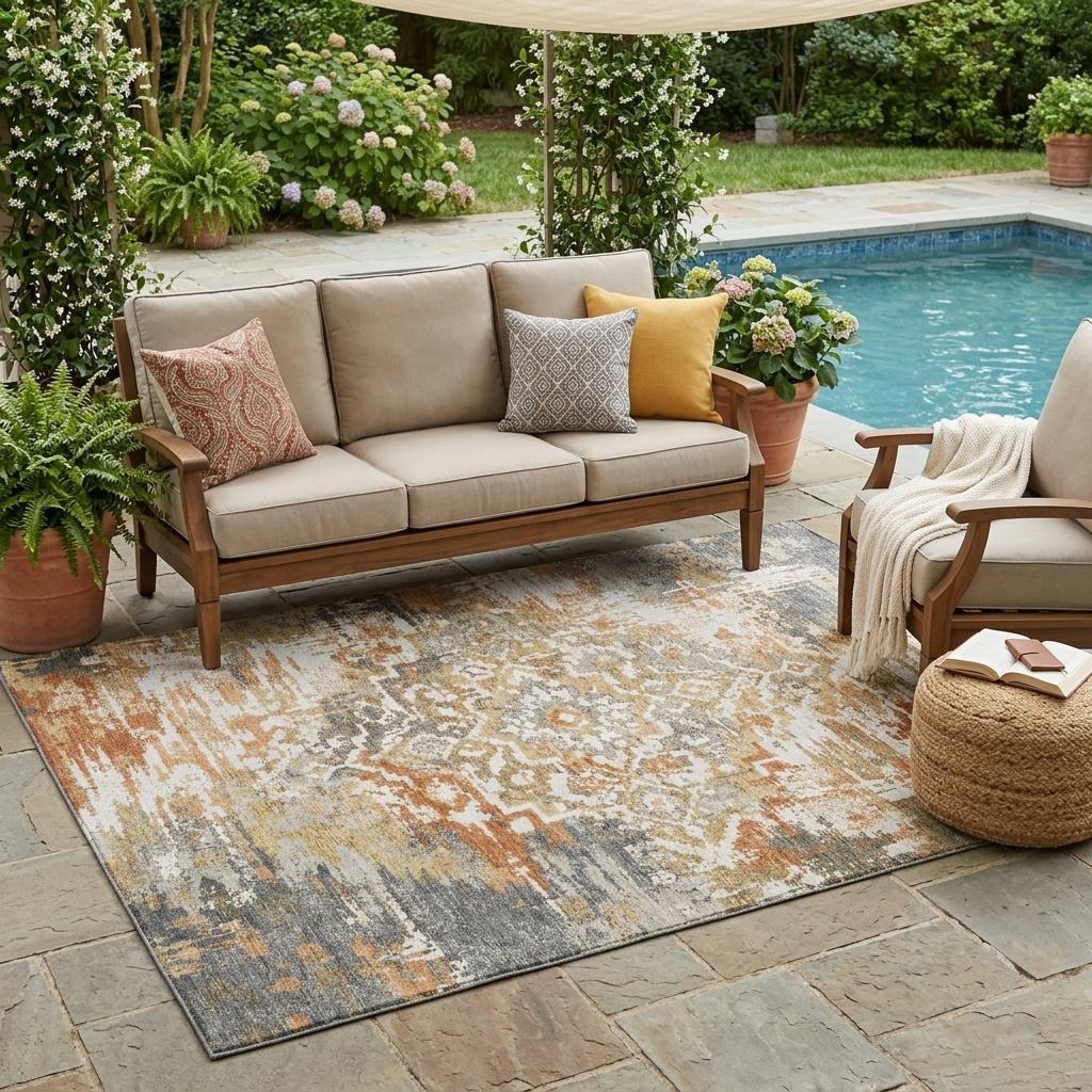 5' X 8' Copper And Orange Medallion Washable Indoor Outdoor Area Rug - Sports & Outdoor