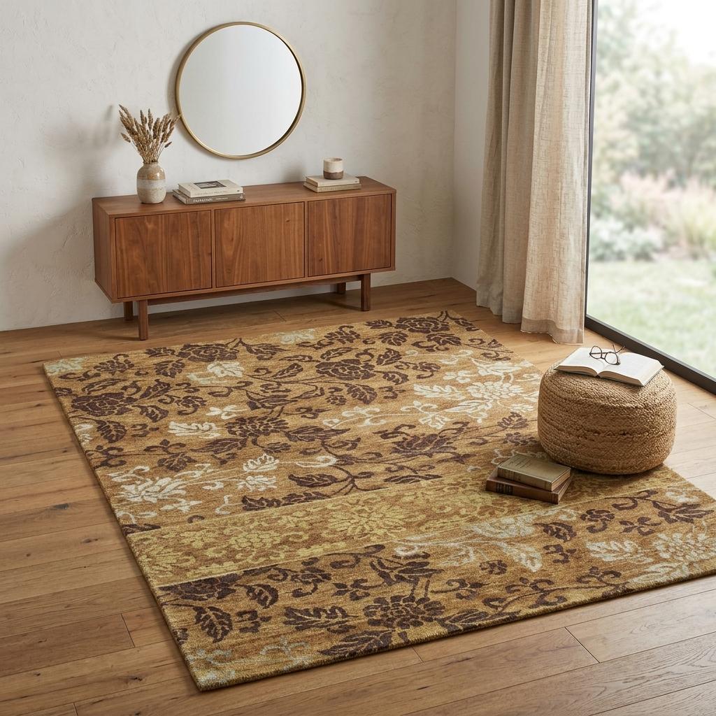 4' X 6' Brown Gold And Tan Floral Hand Knotted Area Rug - Home & Garden