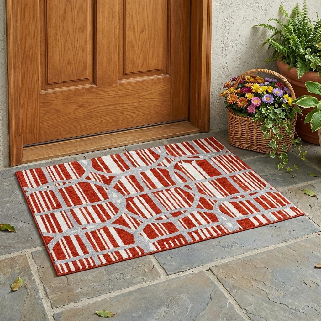 3' X 5' Red And Ivory Geometric Washable Indoor Outdoor Area Rug - Sports & Outdoor